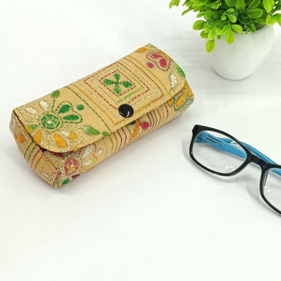 Picture of Handcrafted Kantha Stitch Eyeglasses / Sunglass Case – Beige Multi-Color Floral Motif