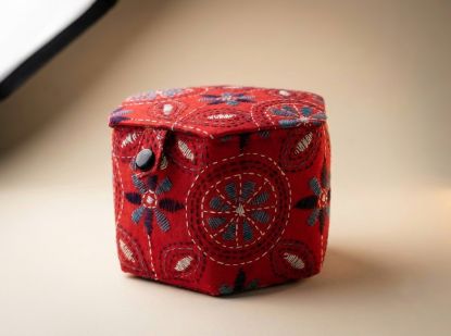 Picture of Handcrafted Terracotta Red Kantha Embroidery Hexagonal Storage Box – Santiniketan Fabric Organiser