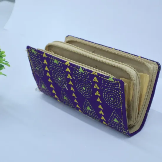 Picture of Handcrafted Purple Kantha Embroidery Double-Zipper Wallet – Santiniketan Long Fabric Clutch