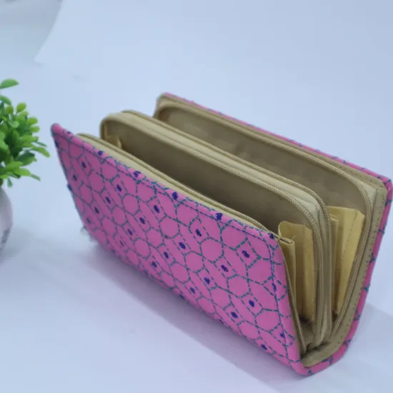 Picture of Handcrafted Pink Kantha Embroidery Double-Zipper Wallet – Santiniketan Long Fabric Clutch