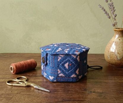 Picture of Handcrafted Royal Blue Kantha Embroidery Hexagonal Storage Box – Santiniketan Fabric Organiser