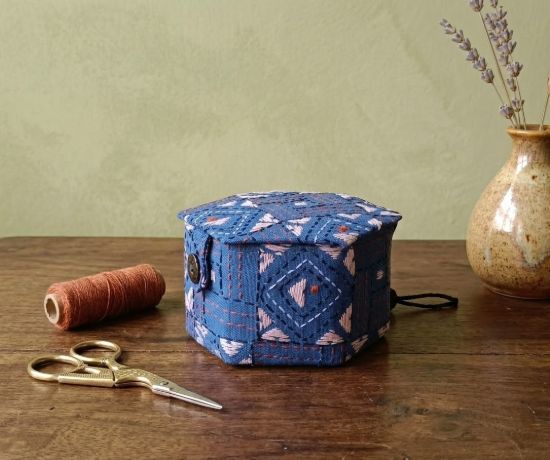 Picture of Handcrafted Royal Blue Kantha Embroidery Hexagonal Storage Box – Santiniketan Fabric Organiser