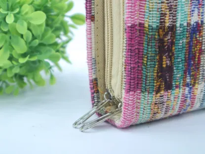 Picture of Handcrafted Multi-Colour Handloom Fabric Double-Zipper Wallet – Santiniketan Long Clutch Pouch